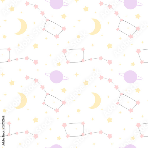 cute cartoon constellation with stars and moon and planet seamless vector pattern background illustration

