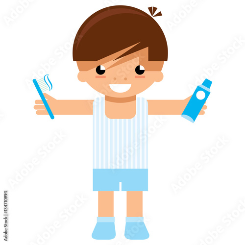 Cartoon boy character holding toothbrush and toothpaste to wash
