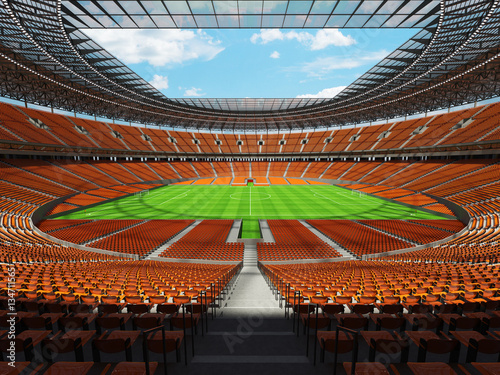 3D render of a round football - soccer stadium with orange seats and VIP boxes