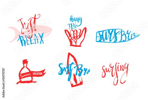 Vector surfing club logos in grunge hand drawn style. Hipster surf symbols with fish, surfboard, shaka