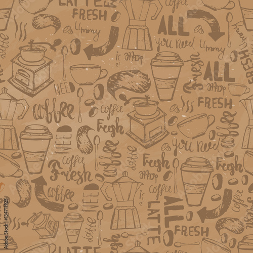 Seamless doodle coffee pattern with lettering on craft old paper background, hand drawn vector illustration © alenast