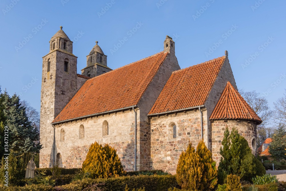Medieval stone churh with two towers