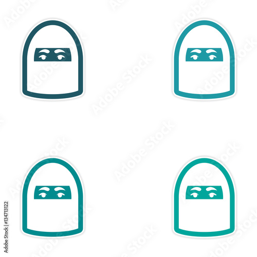 Set of paper stickers on white background woman in burqa