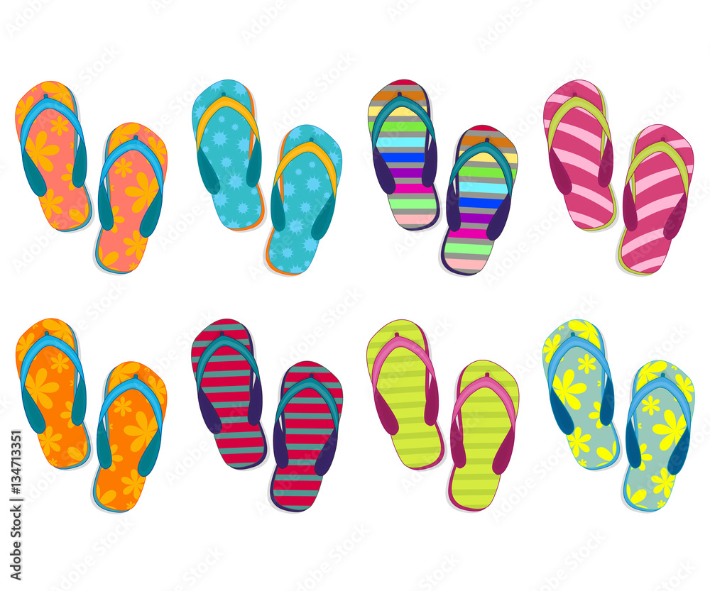 Fototapeta premium Set of eight different colors of beach slippers.