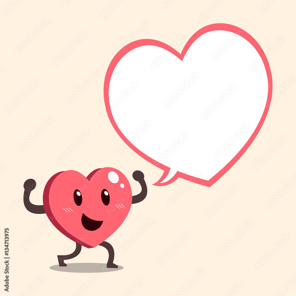 Fototapeta premium Vector cartoon heart character with big white speech bubble