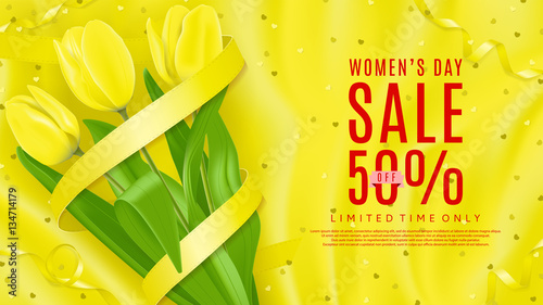 Elegant backdrop for Women's Day sale. Top view on composition with yellow flowers and satin ribbon. Vector illustration with confetti on silk fabric.