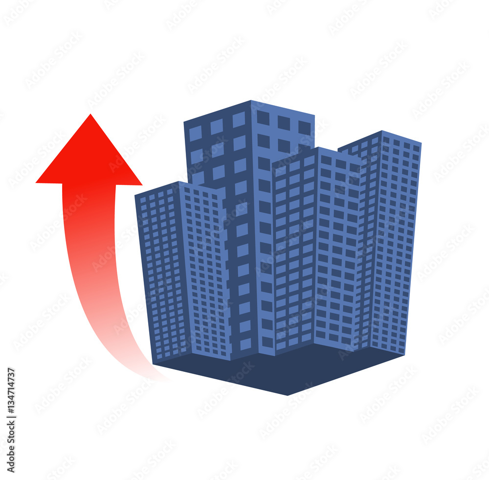 Flat vector image of city buildings with an upwards arrow