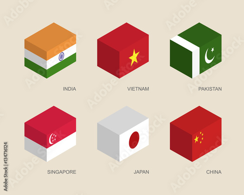 Set of isometric 3d boxes with flags of Asian countries. Simple containers with standards - India, Vietnam, China, Singapore, Pakistan, Japan. Geometric icons for infographics.
