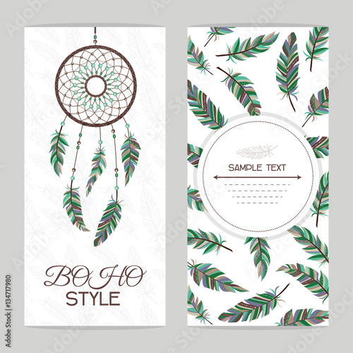 Vintage card. Boho style. Two flyers decorated with feathers and dream catcher with Indian style.