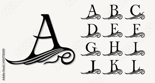 Vintage Set 1. Calligraphic capital letters with curls for Monograms  Emblems and Logos. Beautiful Filigree Font. Is at Conceptual wing or waves . Baroque style