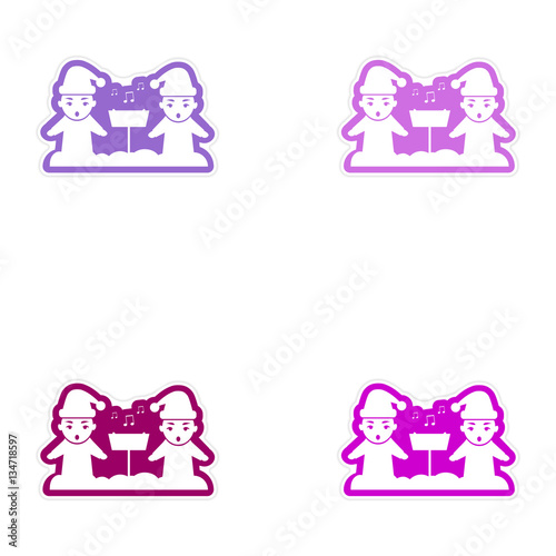 Set of paper stickers on white background children sing carols