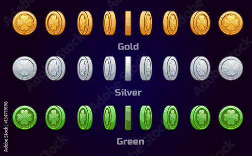 Cartoon set of metal and green coins St. Patrick s, vector animation game turn-based Rotation