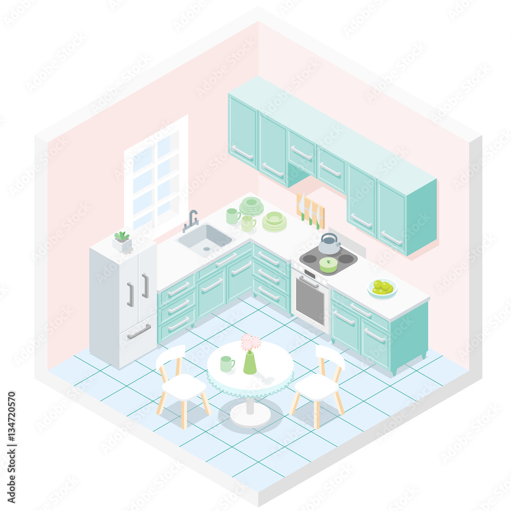 Light pastel turquoise kitchen furniture design illustration.