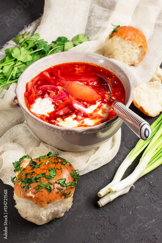 Ukrainian borscht, dumplings, garlic, onions, vertical, selective focus photo