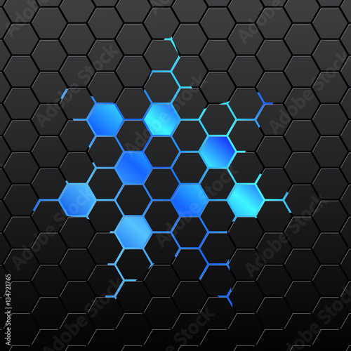 Black background of hexagonal mosaic. Blue background in the cen