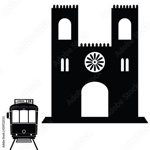 Photo Lisbon tramway in black color with building illustration