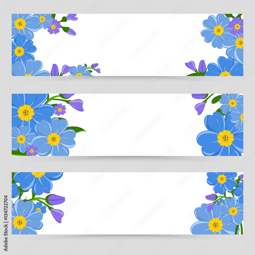 Set of banners with blue and purple flowers. Forget-me-not . Can be used as invitations , postcards, flyers . Vector illustration.