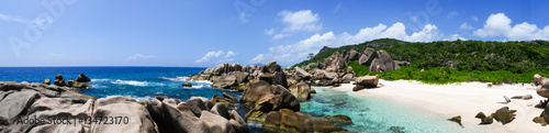 large panorama natural beach of Anse Marron, La Digue, Seychelles