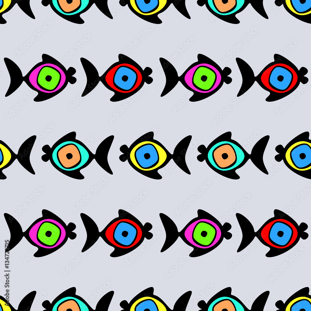Vector seamless decorative pattern with hand drawn fish. Endless blue background. Template for wrapping, fabric, cover, background. Series of hand drawn decorative seamless patterns. Vector seamless decorative pattern with hand drawn fish. Endless blue background. Template for wrapping, fabric, cover, background. Series of hand drawn decorative seamless patterns.