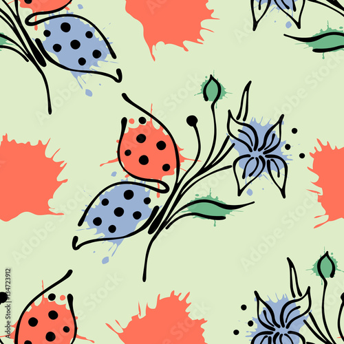 Vector seamless floral pattern with butterfly flowers, leaves, decorative elements, splash, blots, drop Hand drawn contour lines and strokes Doodle sketch style, graphic vector drawing illustration