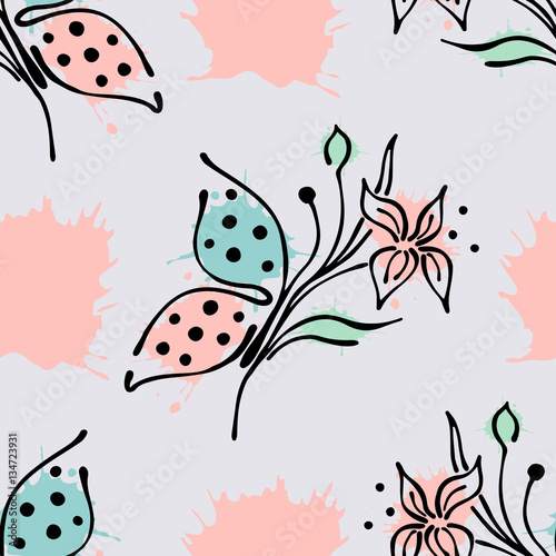 Vector seamless floral pattern with butterfly flowers, leaves, decorative elements, splash, blots, drop Hand drawn contour lines and strokes Doodle sketch style, graphic vector drawing illustration