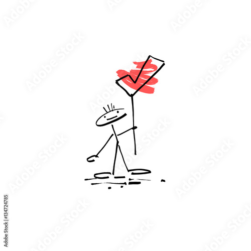 hand drawing sketch human smile stick figure with check mark