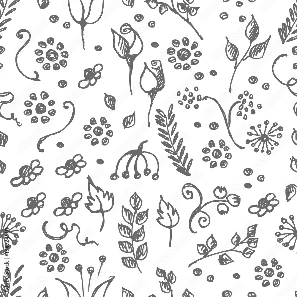 Seamless vector pattern, hand drawn background with flowers, branch, leaves, dots. Hand sketch drawing. Doodle funny style. Series of Hand Drawn seamless childish Patterns.