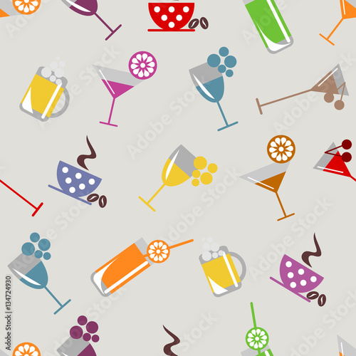 Seamless vector pattern with cocktail, glass, wine glass, beer glass, fruits on the grey background. Series of Food and Drink Seamless Patterns.