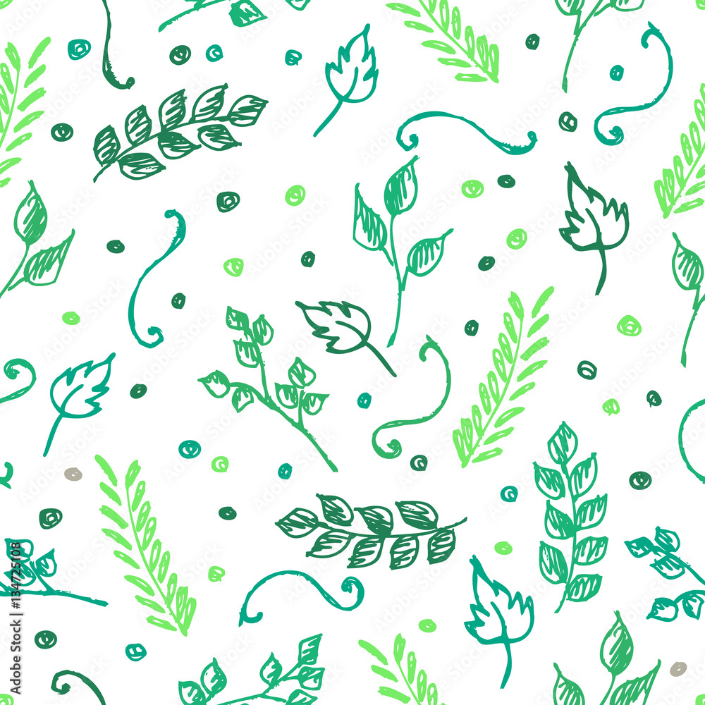 Obraz premium Seamless vector pattern, hand drawn background with flowers, branch, leaves, dots. Hand sketch drawing. Doodle funny style. Series of Hand Drawn seamless childish Patterns.