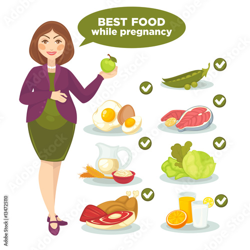 Vector set with woman and health food for pregnant.