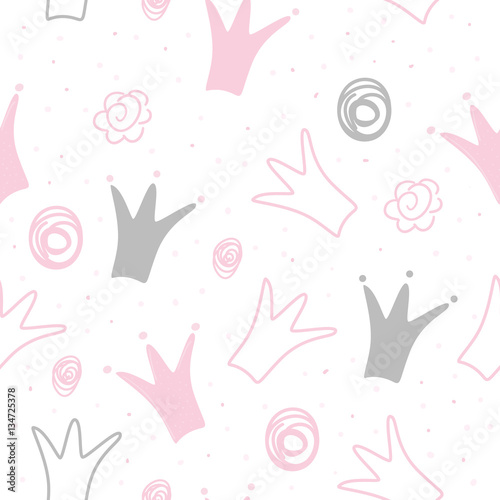 Hand drawn pattern with crown. Doodle design Little princess