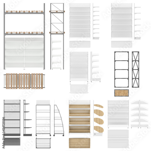 Set of retail store equipment for shops, supermarkets, hypermarkets. Trading racks isolated on white background. Unfolded plane in a top view, front view, side view.