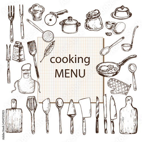 hand drawn sketch illustration cooking set