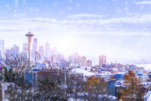 space needle in the morning with snowing in Downtown Seattle.washington,usa. photo