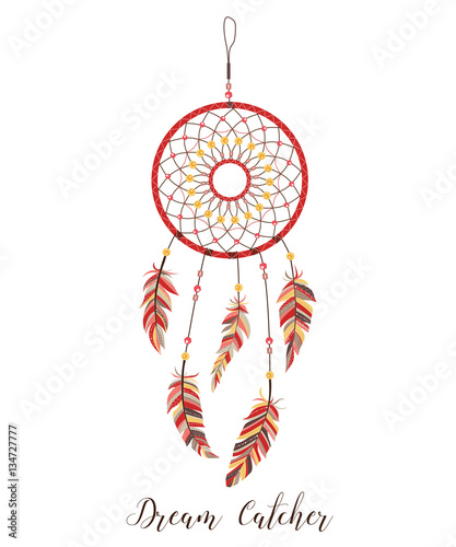 American Indians amulet. Dream catcher with feathers and beads on a white background. Boho style.