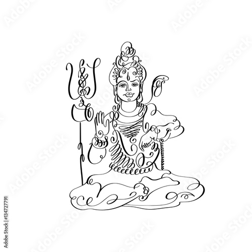 line art Lord Shiva black and white calligraphic drawing