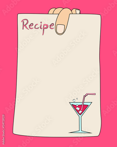 Vector cartoon hand holding recipe card template with coctail.