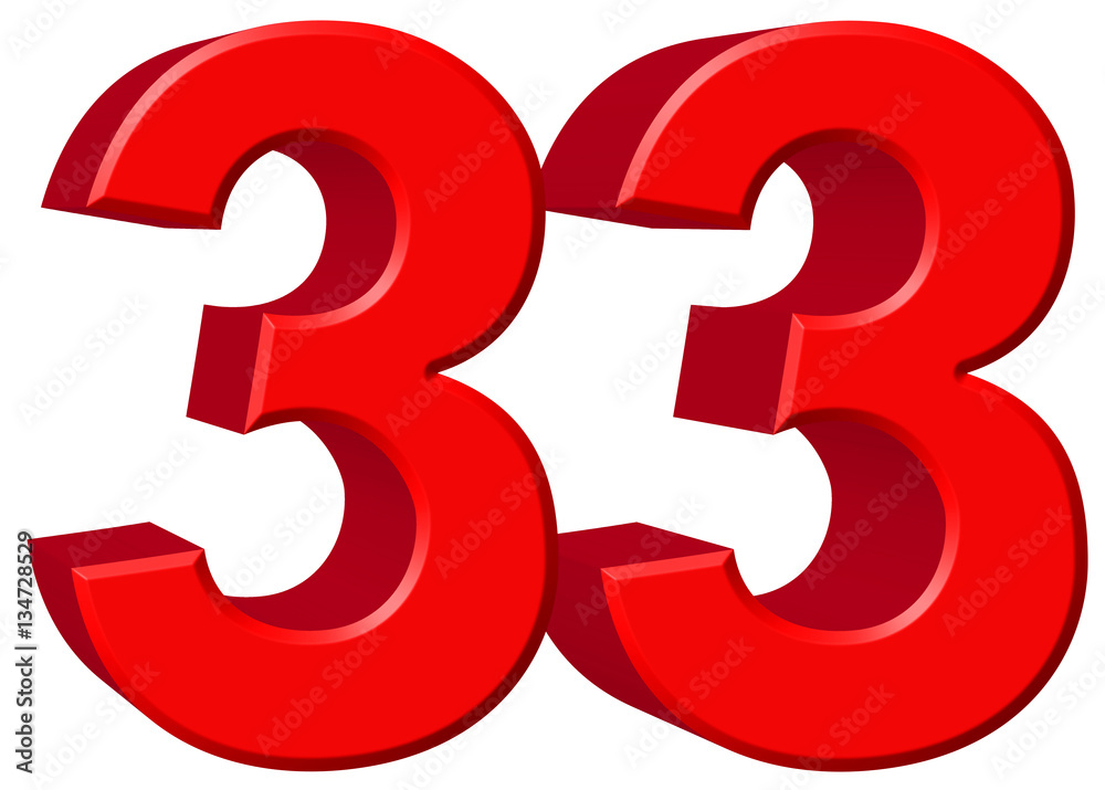Numeral 33, thirty three, isolated on white background, 3d rende