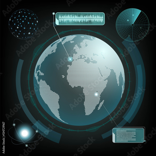 HUD interface with planet earth and radar. Computer network and