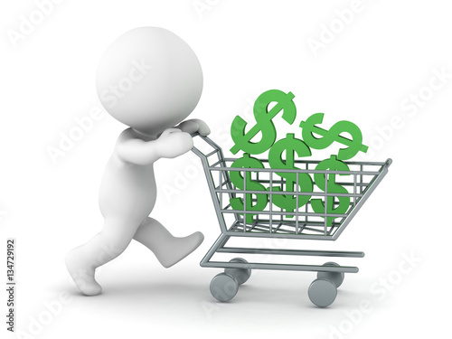 3D Character with Shopping Cart and Dollar Symbols photo