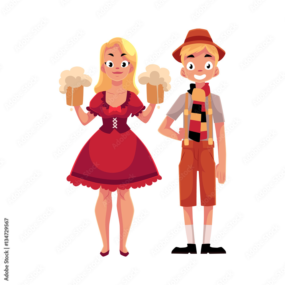 Young man and woman in traditional German, Bavarian, Austrian Oktoberfest costume holding beer mugs, cartoon vector illustration isolated on white background. German couple in traditional costume Young man and woman in traditional German, Bavarian, Austrian Oktoberfest costume holding beer mugs, cartoon vector illustration isolated on white background. German couple in traditional costume