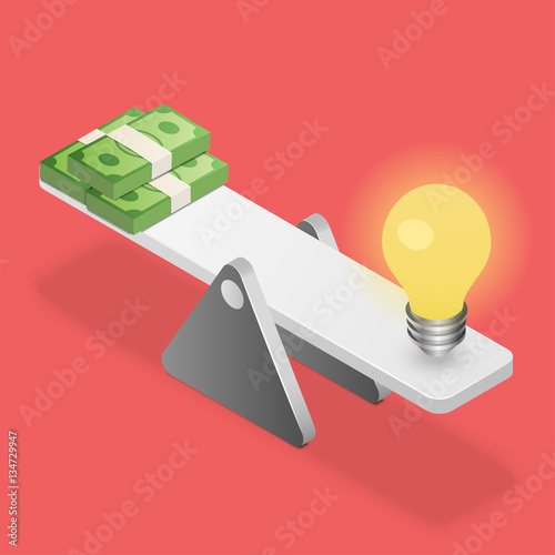 Lightbulb and dollars on balance. 