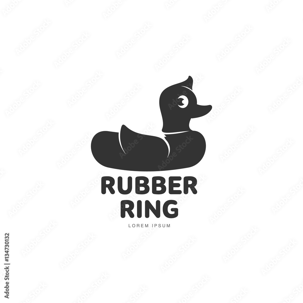 Logo template with rubber duck swimming ring, vector illustration isolated on white background. Silhouette, side view graphic dack shaped rubber ring logotype, logo design
