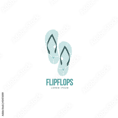 Stylized pair of three colored rubber flip flops logo template, vector illustration isolated on white background. Graphic flip flops, sandals logo design, vacation, holiday, downshifting concept