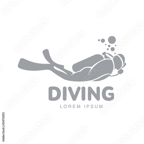 Black and white graphic diving logo template with diver swimming underwater, vector illustration isolated on white background. Scuba diving, snorkeling logotype, logo design with stylized diver