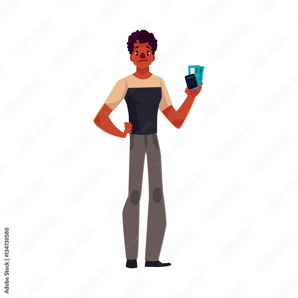 Young confused African American, black man holding passport and boarding pass, cartoon illustration isolated on white background. Airplane passenger with tickets and passport, going to, from vacation Young confused African American, black man holding passport and boarding pass, cartoon illustration isolated on white background. Airplane passenger with tickets and passport, going to, from vacation