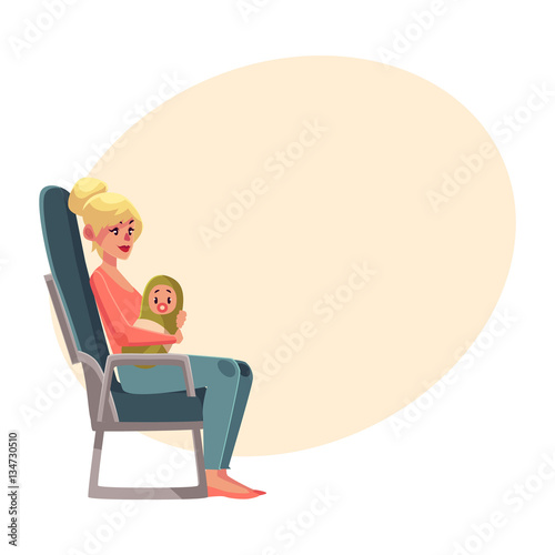 Young beautiful blond woman in airplane seat, economy class, holding little baby, cartoon vector on background with place for text. Woman passenger with baby in economy class airplane seat, side view