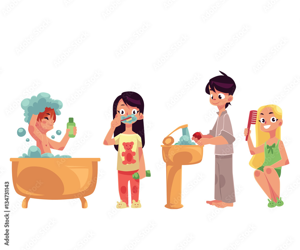 Kids, children taking bath, brushing teeth, washing hands, combing hair,  hygiene concept, cartoon vector illustration isolated on white background.  Kids doing daily hygiene routines Stock Vector | Adobe Stock