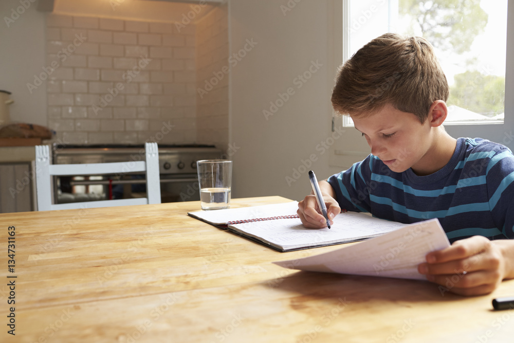 Boy Doing Homework Sitting At Kitchen Table Boy Doing Homework Sitting At Kitchen Table