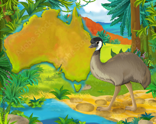 Cartoon emu with continent map - illustration for children © agaes8080